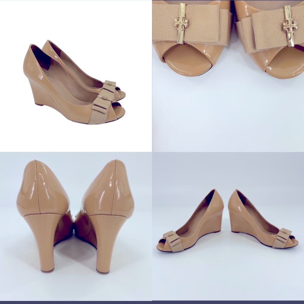 Tory Burch Wedge leather nude heels bow with logo